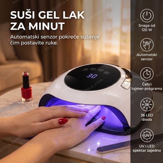 UV LED lampa za nokte sa obe šake unutra tokom gel manikira u toploj atmosferi