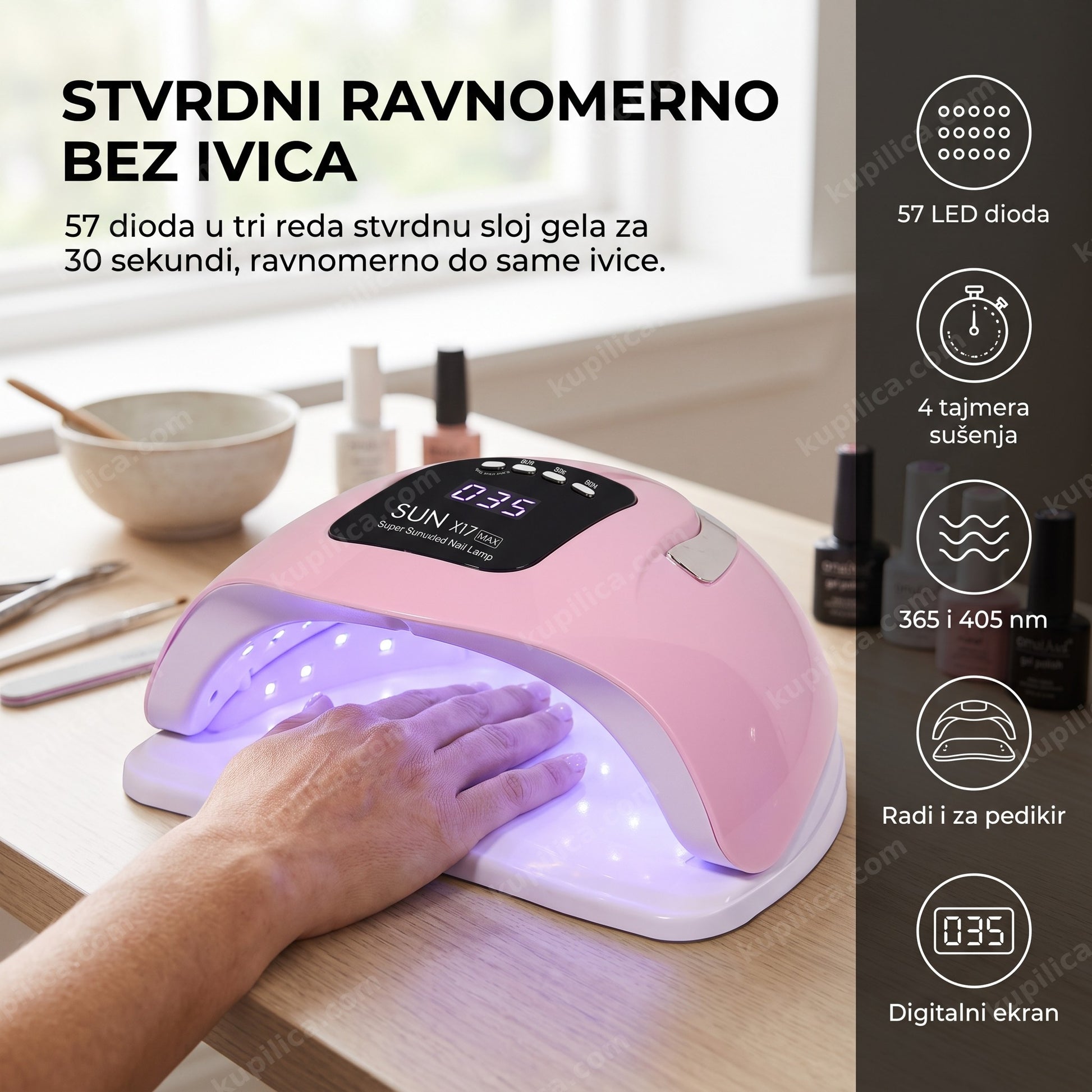 Šaka u UV/LED lampi za nokte SUN X17 Max sa 57 dioda i digitalnim ekranom