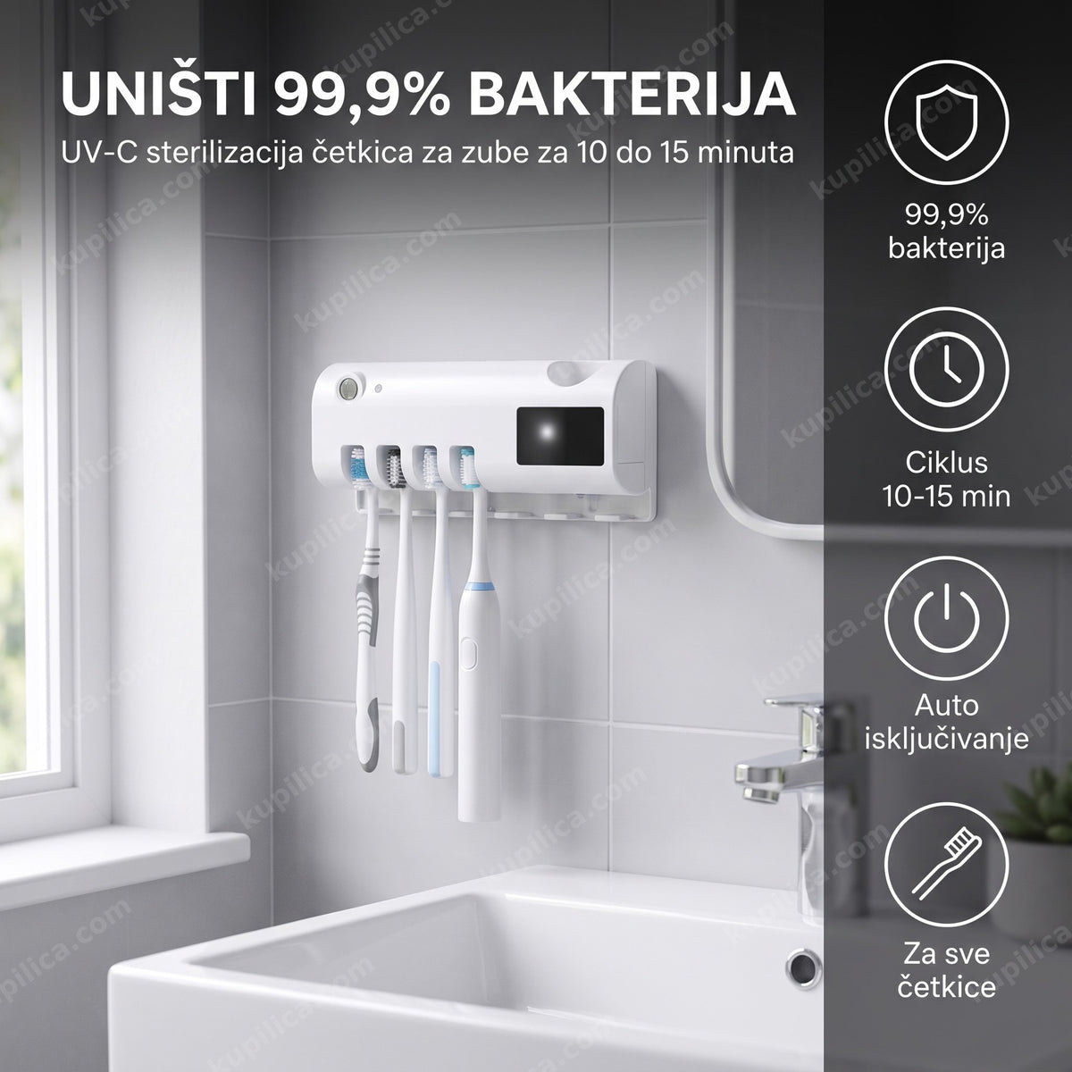 UV sterilizator za četkice za zube montiran u kupatilu