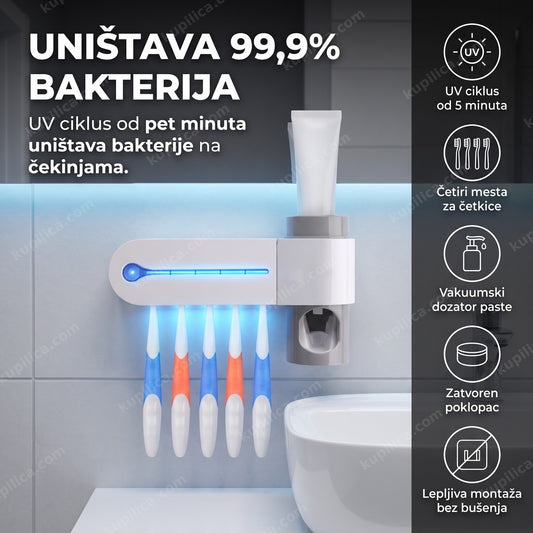beli uv sterilizator za četkice za zube sa plavim svetlom u kupatilu, benefiti proizvoda