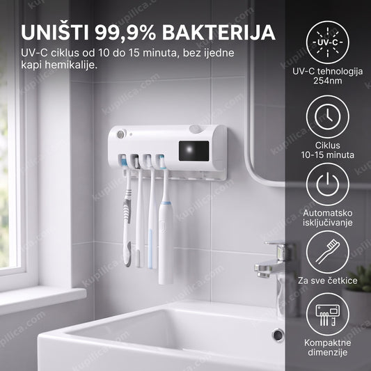 UV sterilizator za četkice za zube otvoren na zidu kupatila sa četkicama unutra