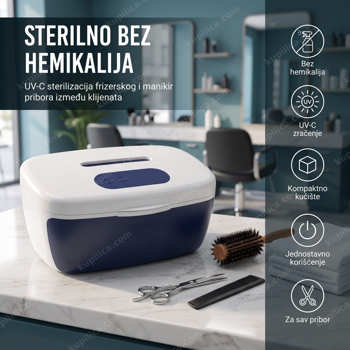 UV sterilizator za kozmetički salon na radnom stolu sa frizerskim priborom