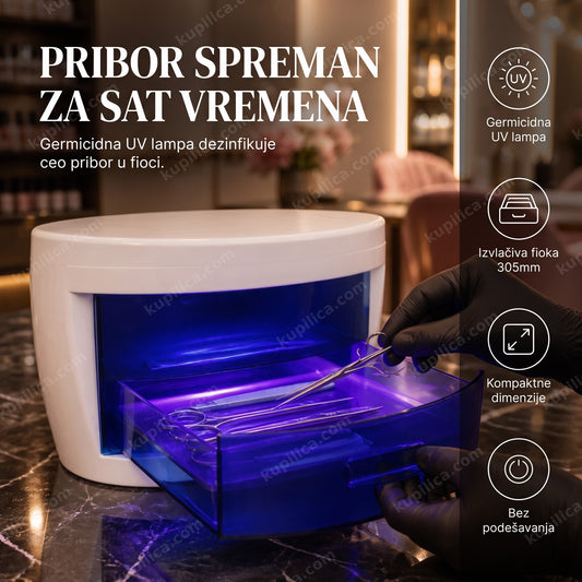 uv sterilizator za manikir pribor sa otvorenom fiokom u salonu za nokte, benefiti proizvoda