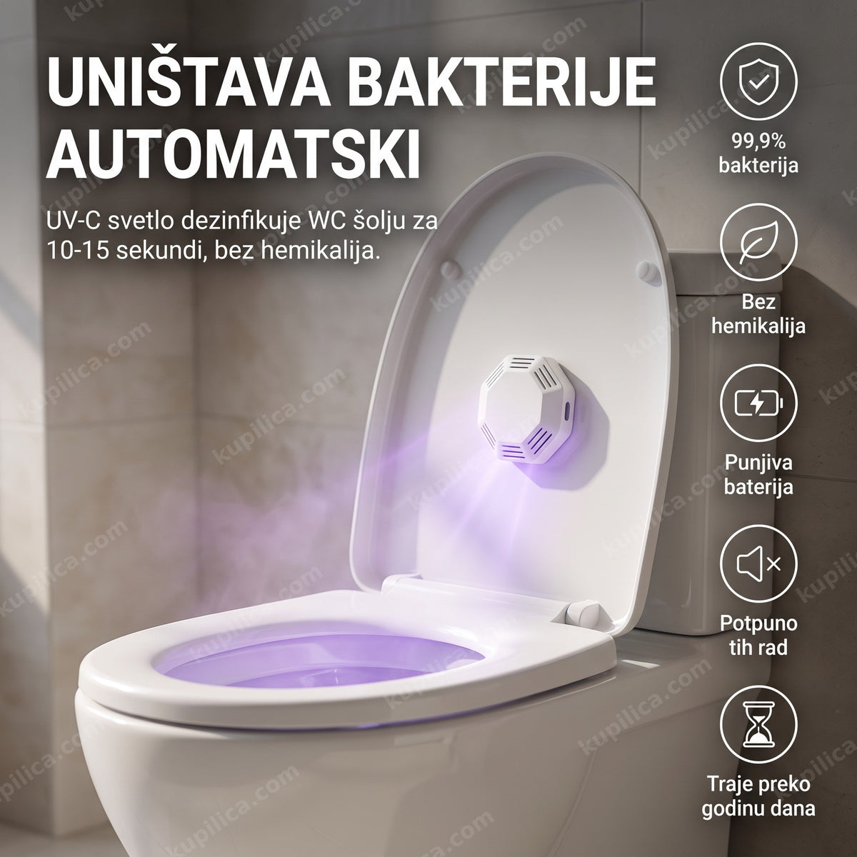 UV sterilizator za WC šolju — uređaj montiran na sedište, UV-C svetlo osvetljava unutrašnjost šolje