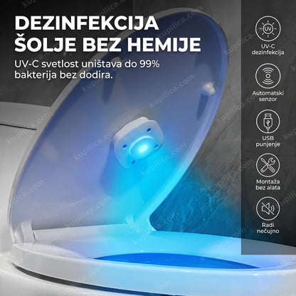 uv sterilizator za wc šolju montiran ispod poklopca sa plavim UV svetlom, benefiti proizvoda
