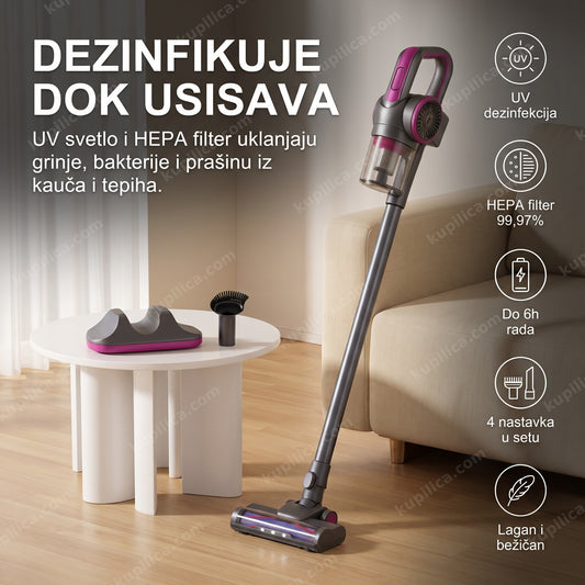 UV usisivač sa HEPA filterom — bežični usisivač u dnevnoj sobi sa nastavcima