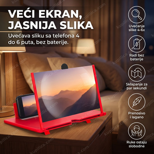 uveličavajući ekran za mobilni telefon na stolu sa uvećanom slikom, benefiti proizvoda
