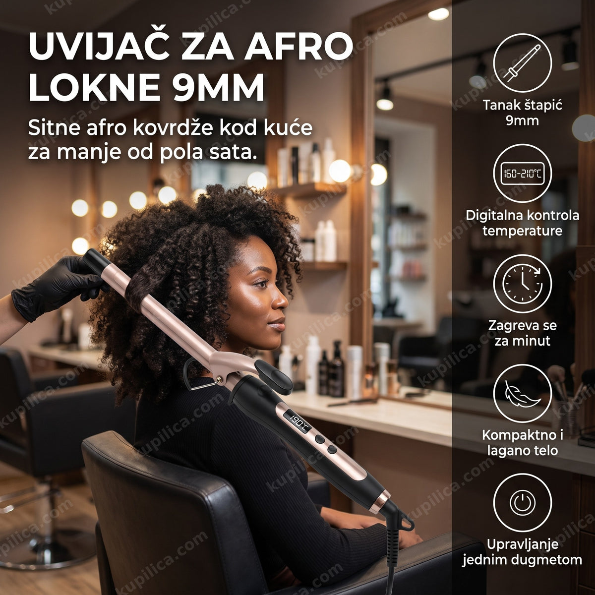 odrasla žena sa afro kovrdžama i uvijačem za kosu u salonu, benefiti proizvoda