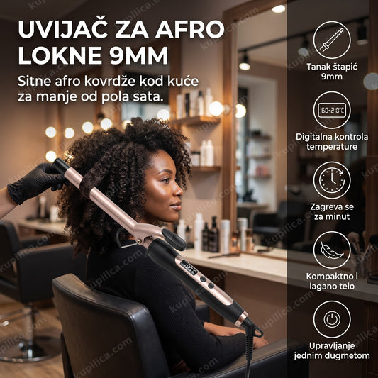 odrasla žena sa afro kovrdžama i uvijačem za kosu u salonu, benefiti proizvoda