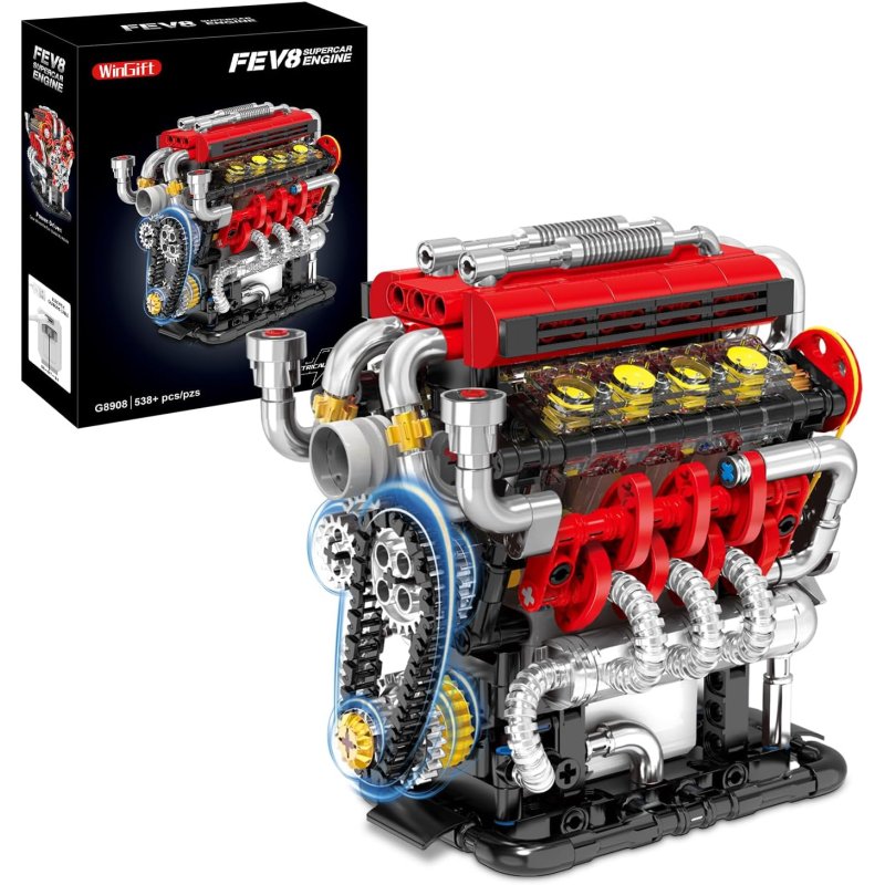 V8 motor za sklapanje 538 delova — složen model sa crvenim poklopcem i hromiranim cevima