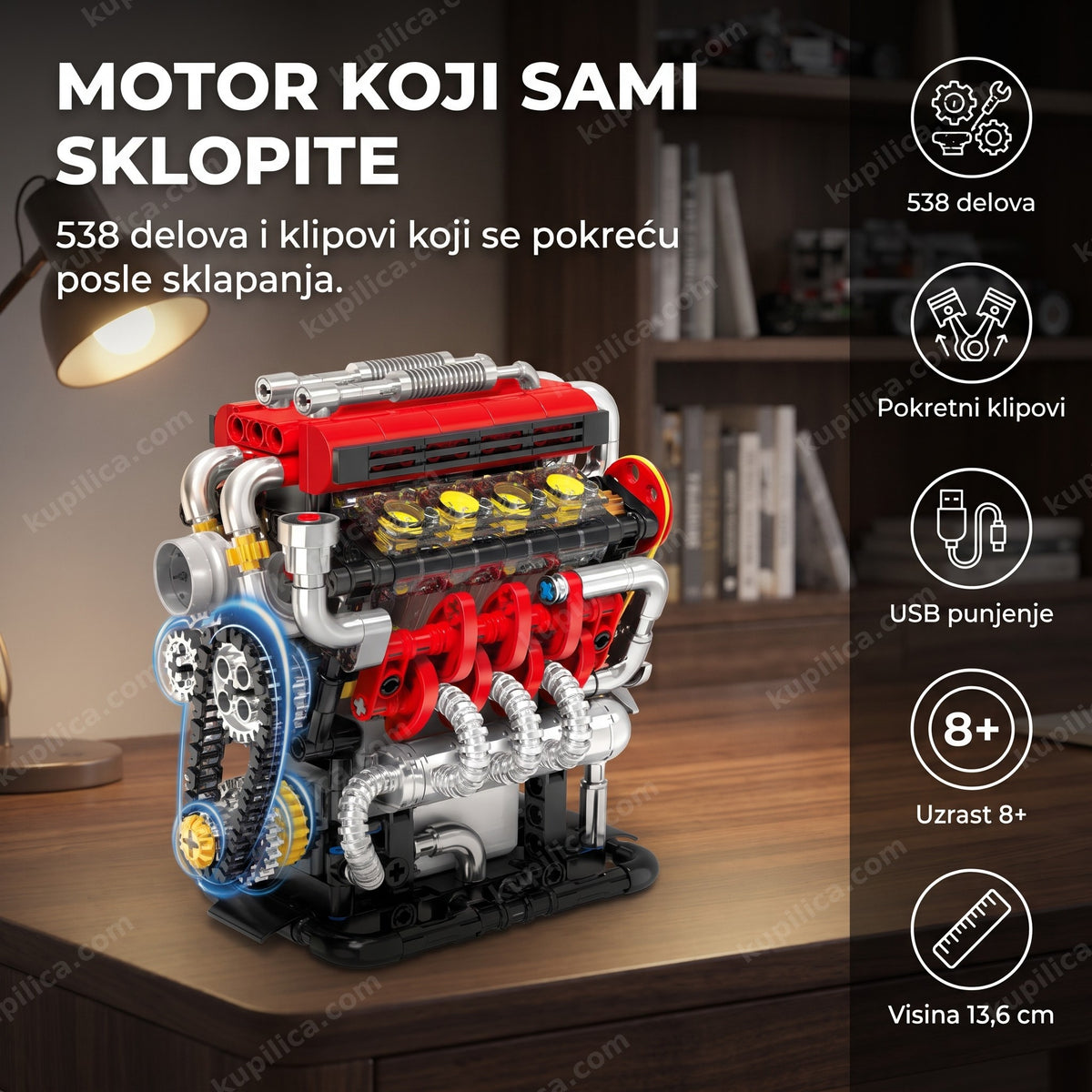 v8 motor za sklapanje 538 delova sa crvenim poklopcem na radnom stolu uz lampu