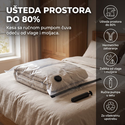 Vakum kesa za odeću napola usisana pored ručne pumpe u spavaćoj sobi