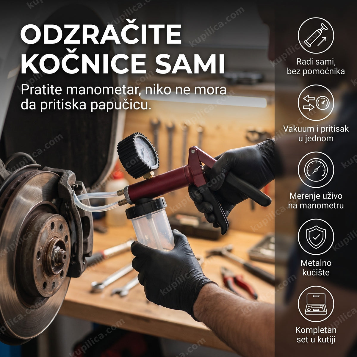 vakum pumpa sa manometrom za kočnice u auto servisu odzračuje kočioni sistem, benefiti proizvoda
