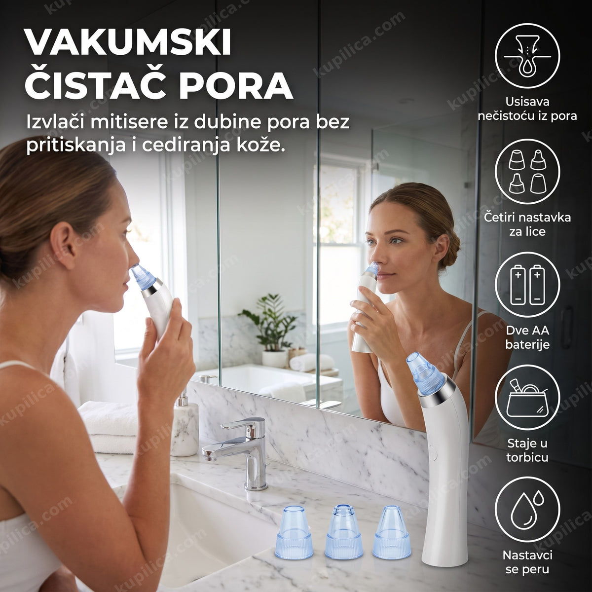Žena koristi beli vakumski čistač pora ispred kupatilskog ogledala, benefiti proizvoda