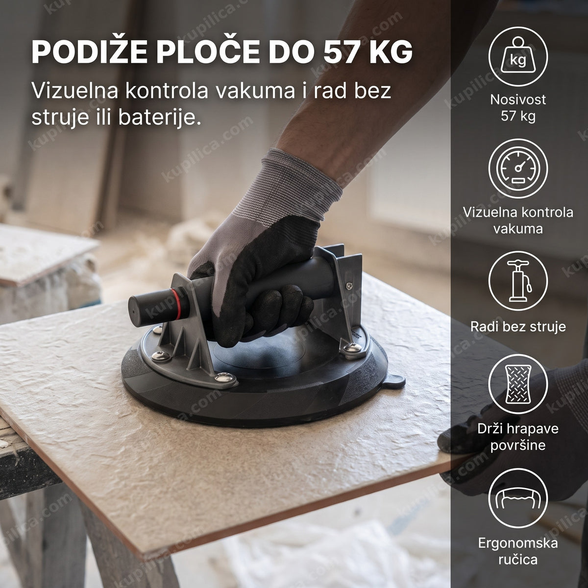 Vakumski držač prenosi staklenu ploču, ruke odrasle osobe u pokretu