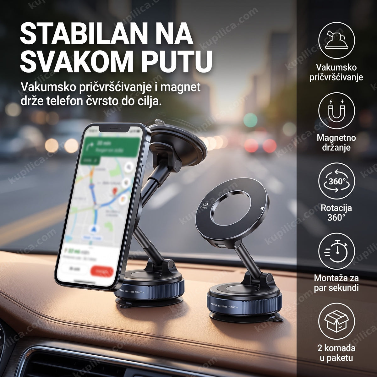 Vakumski držač telefona za auto sa magnetom na vetrobranskom staklu