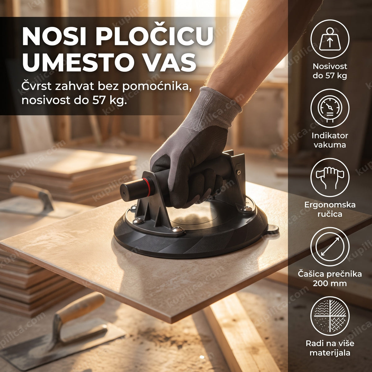 vakuum držač za pločice nosi veliku pločicu na gradilištu, benefiti proizvoda