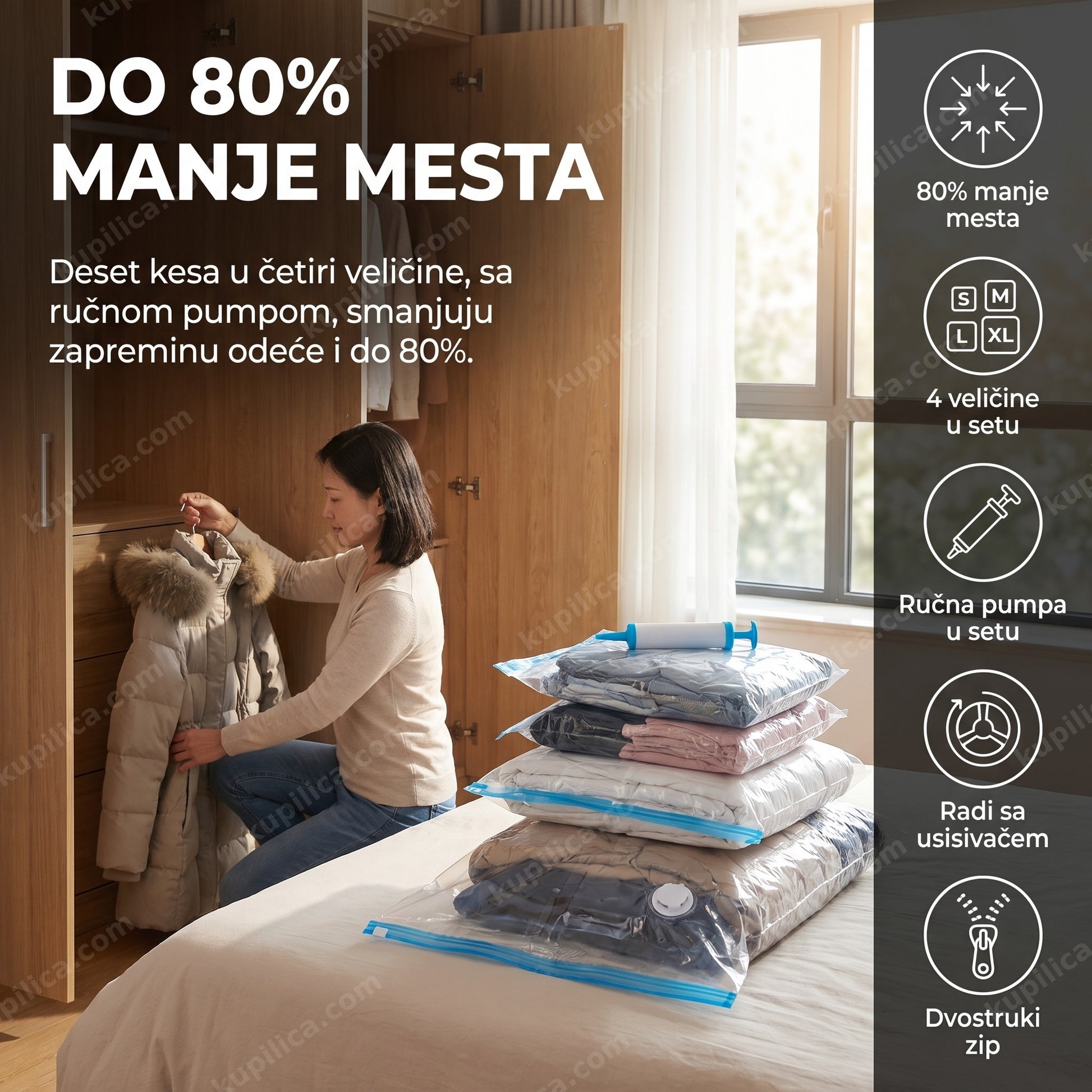 Osoba pakuje odeću u vakuum kese sa ručnom pumpom, set od 10 komada u 4 veličine