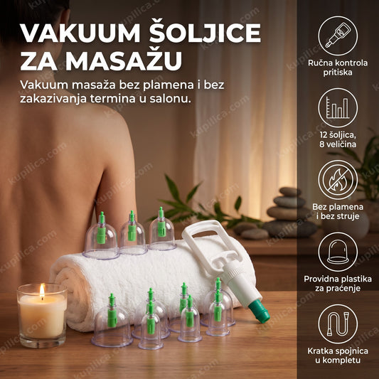 Vakuum šoljice za masažu poređane na spa peškiru pored sveće, benefiti proizvoda