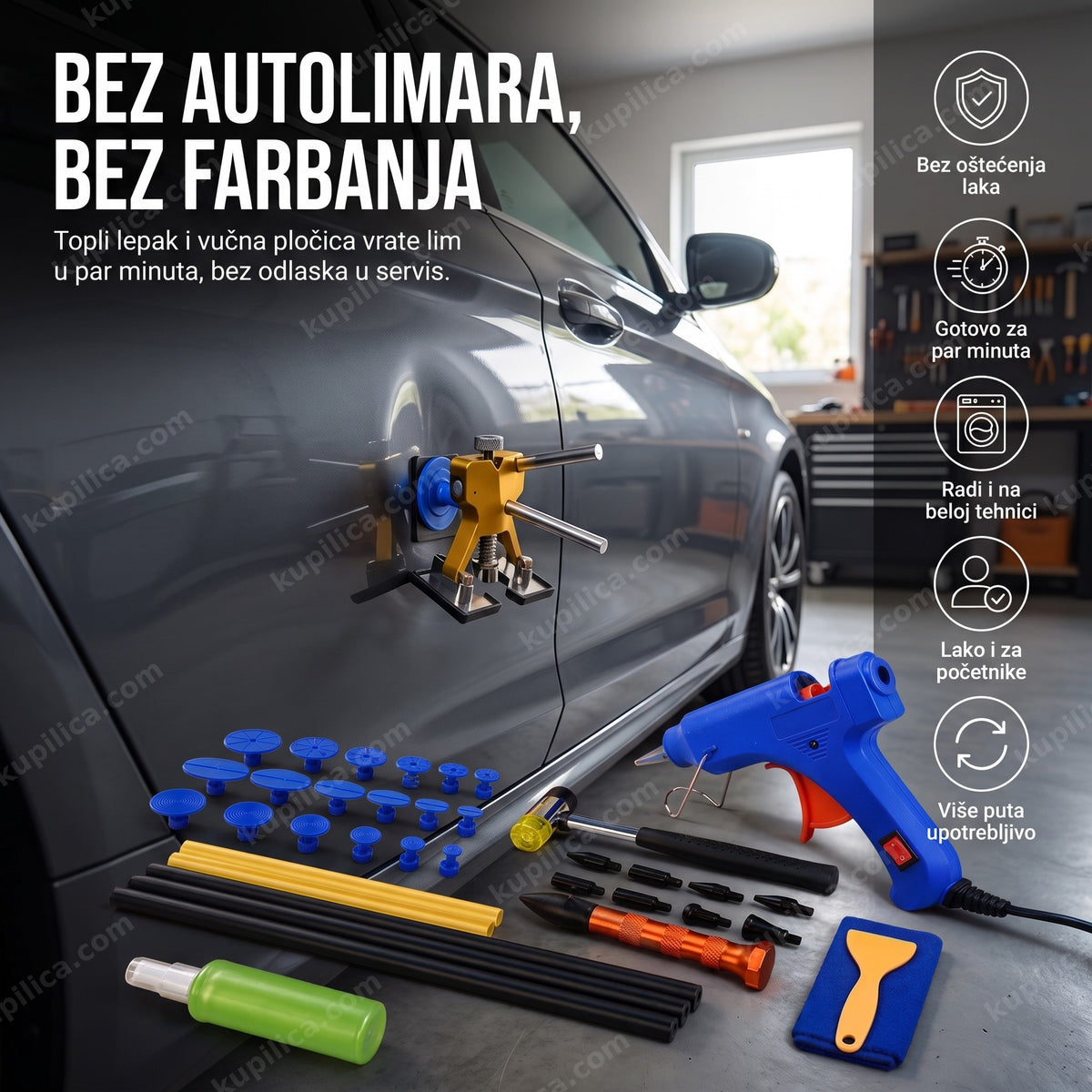 vakuumski alat za izvlačenje udubljenja od grada — komplet sa grejnim pištoljem i vučnim pločicama na vratima automobila