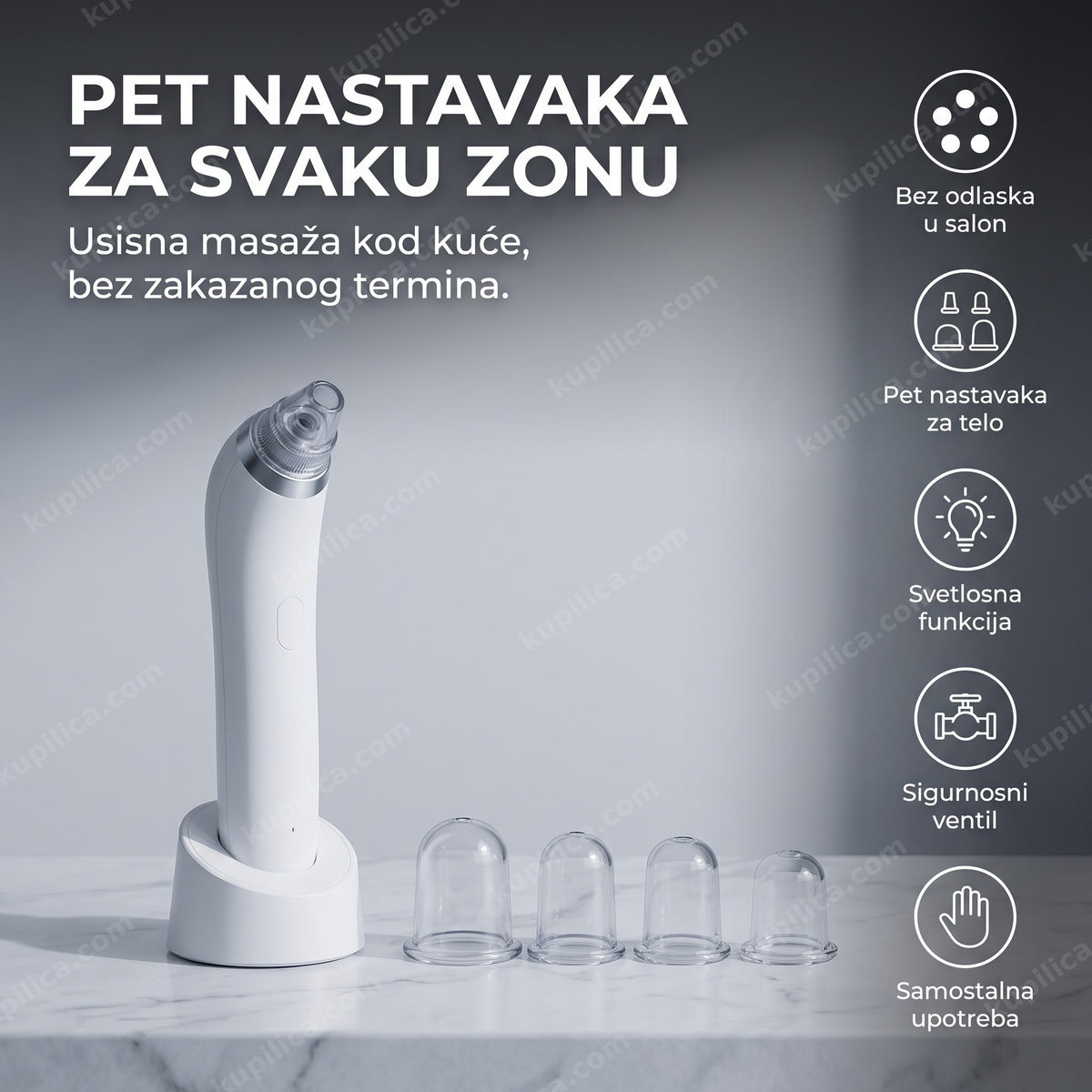 vakuumski masažer za celulit sa pet nastavaka i ugrađenim svetlom na postolju