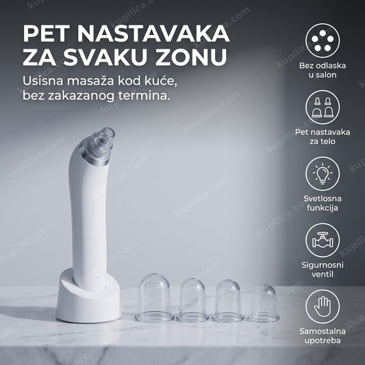 vakuumski masažer za celulit sa pet nastavaka i ugrađenim svetlom na postolju
