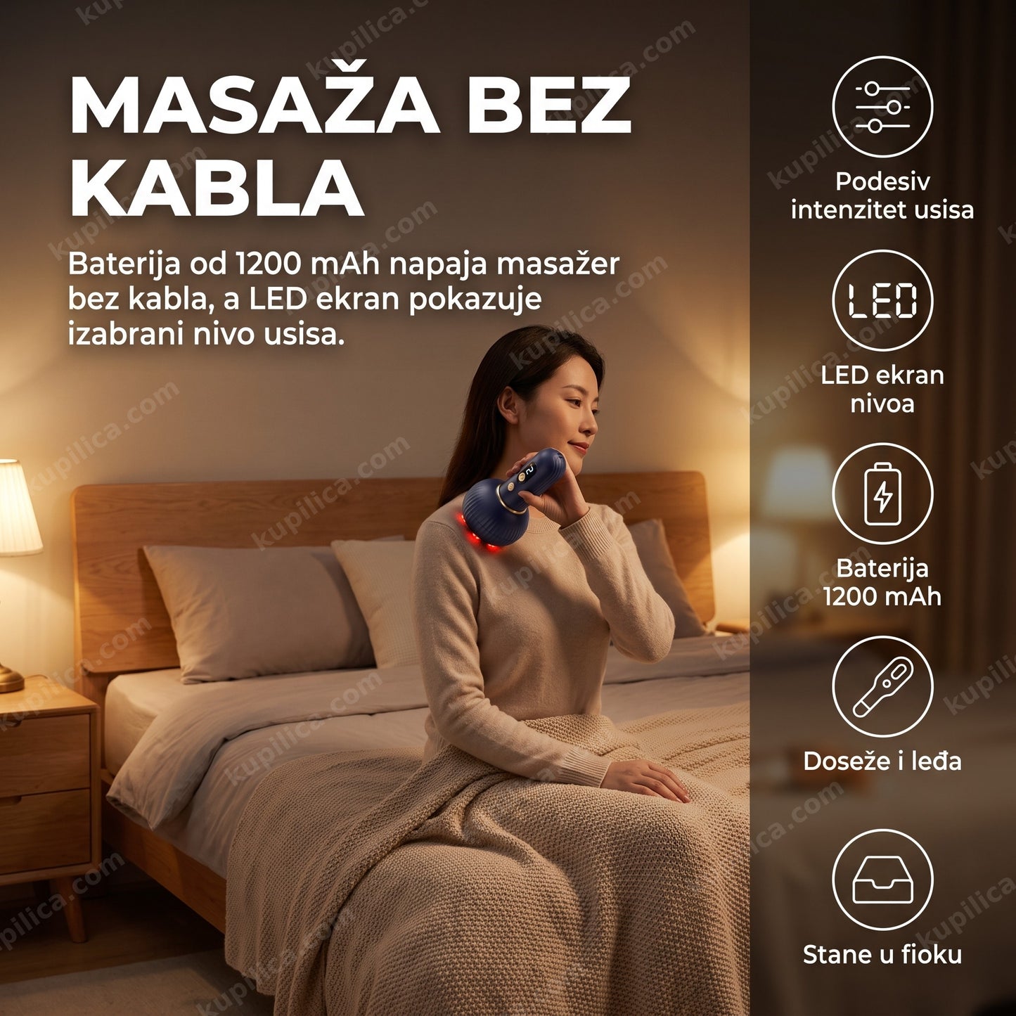 Žena koristi vakuumski masažer za telo sa LED ekranom na vratu i leđima