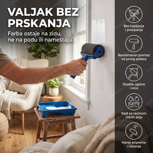 valjak za krečenje bez prskanja u upotrebi na zidu, benefiti proizvoda