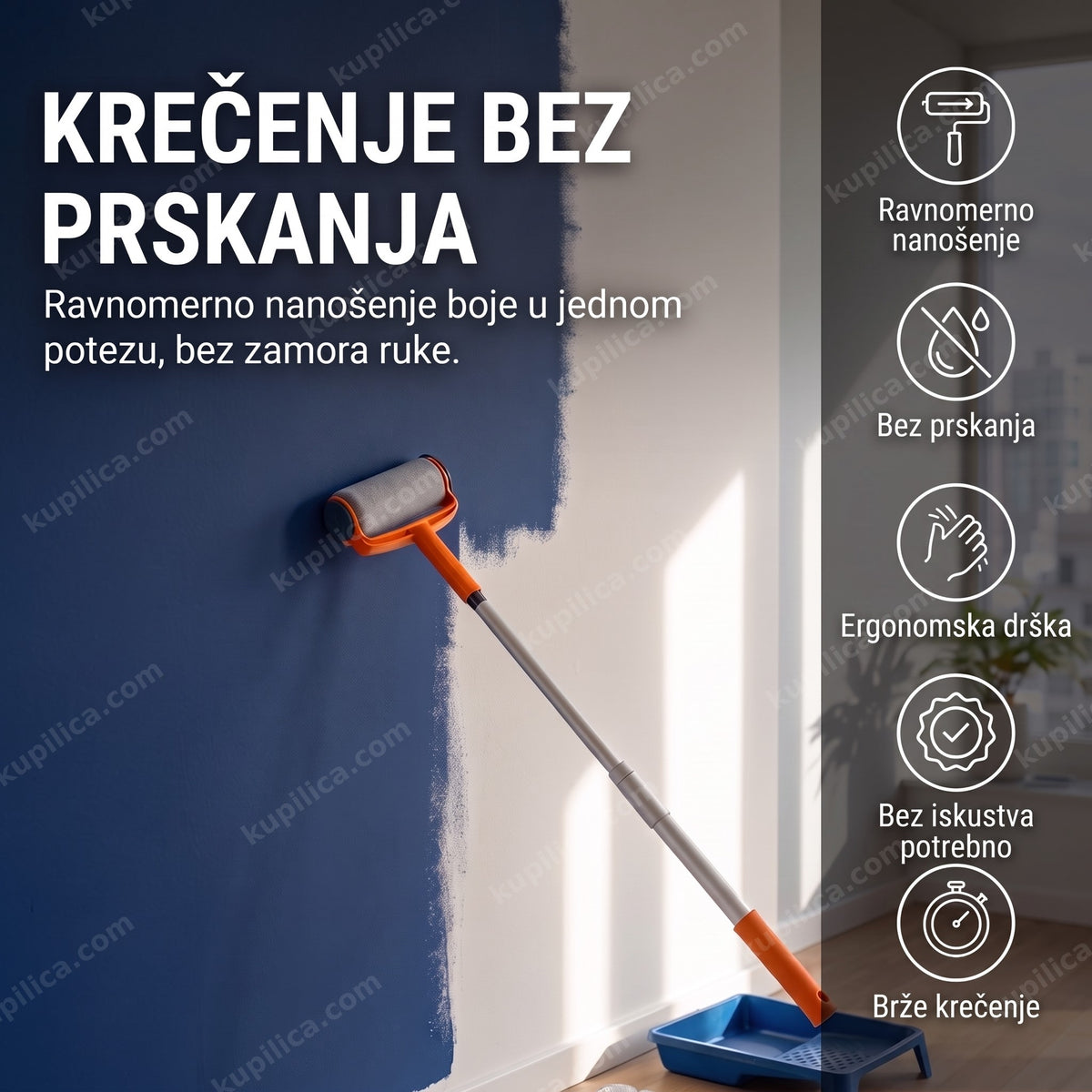 Valjak za krečenje bez prskanja nanosi boju na zid ravnomerno