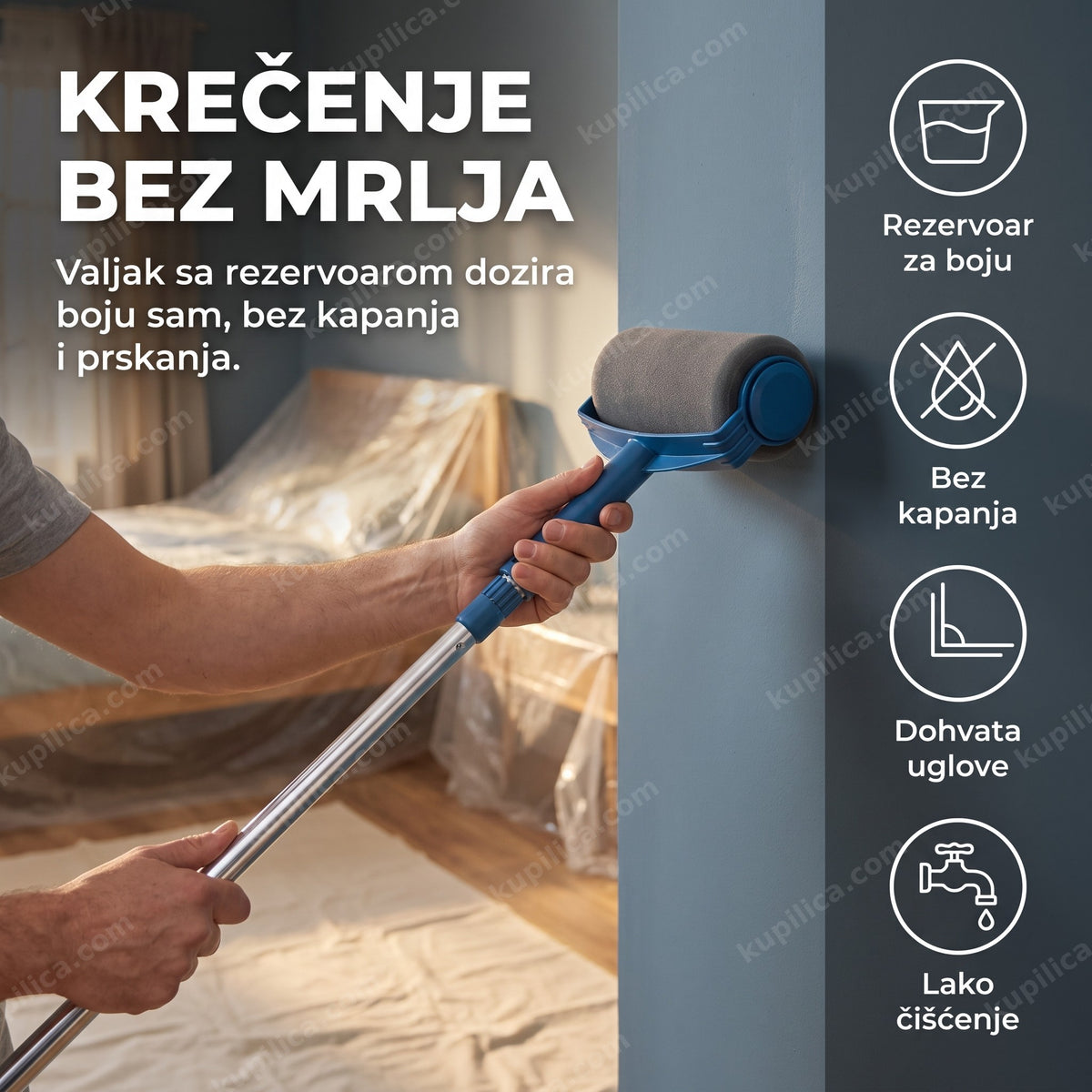 valjak za krečenje sa rezervoarom za boju u upotrebi na zidu, benefiti proizvoda