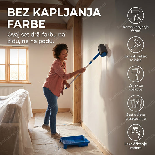 valjak za krečenje set bez kapljanja farbe na zidu sobe, prikaz benefita proizvoda