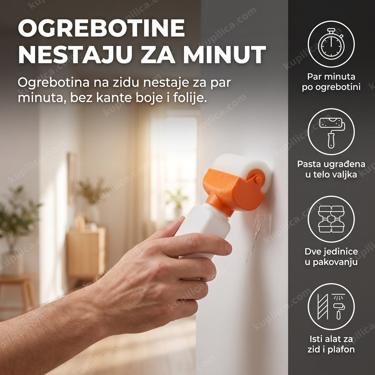 valjak za popravku zidova sa belom pastom na oštećenom zidu, benefiti proizvoda