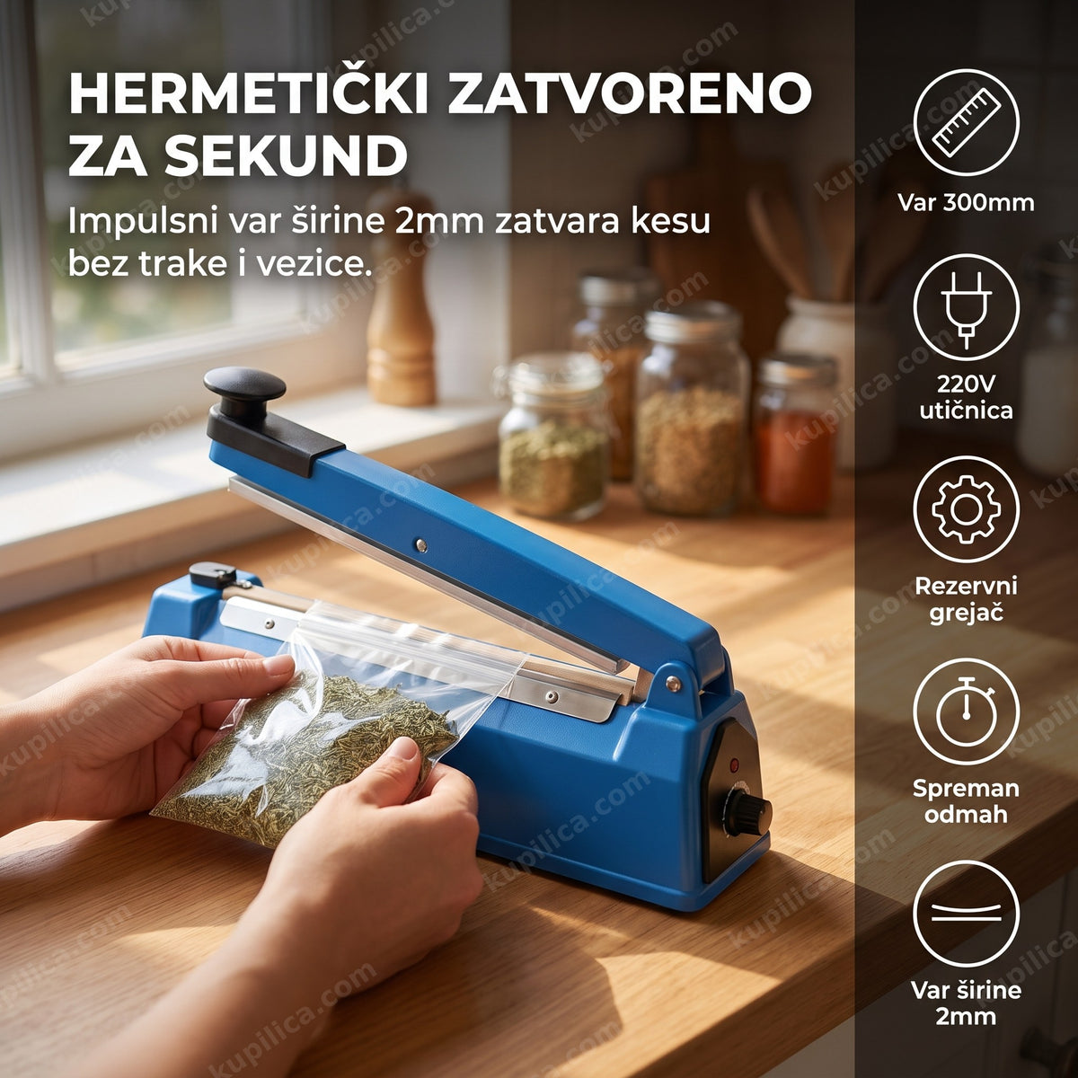 varilica za kese 300mm — zatvaranje kese sa suvim biljem impulsnim varom