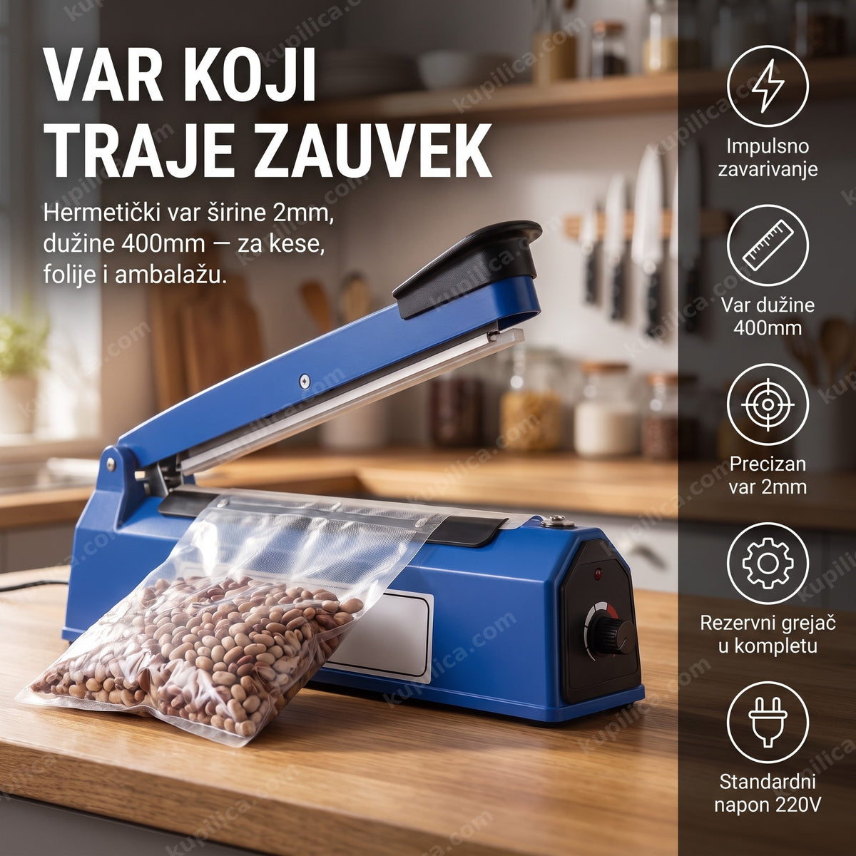 varilica za kese 400mm — zavarivanje kese sa pasuljem na kuhinjskom stolu