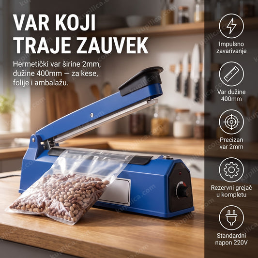 varilica za kese 400mm — zavarivanje kese sa pasuljem na kuhinjskom stolu