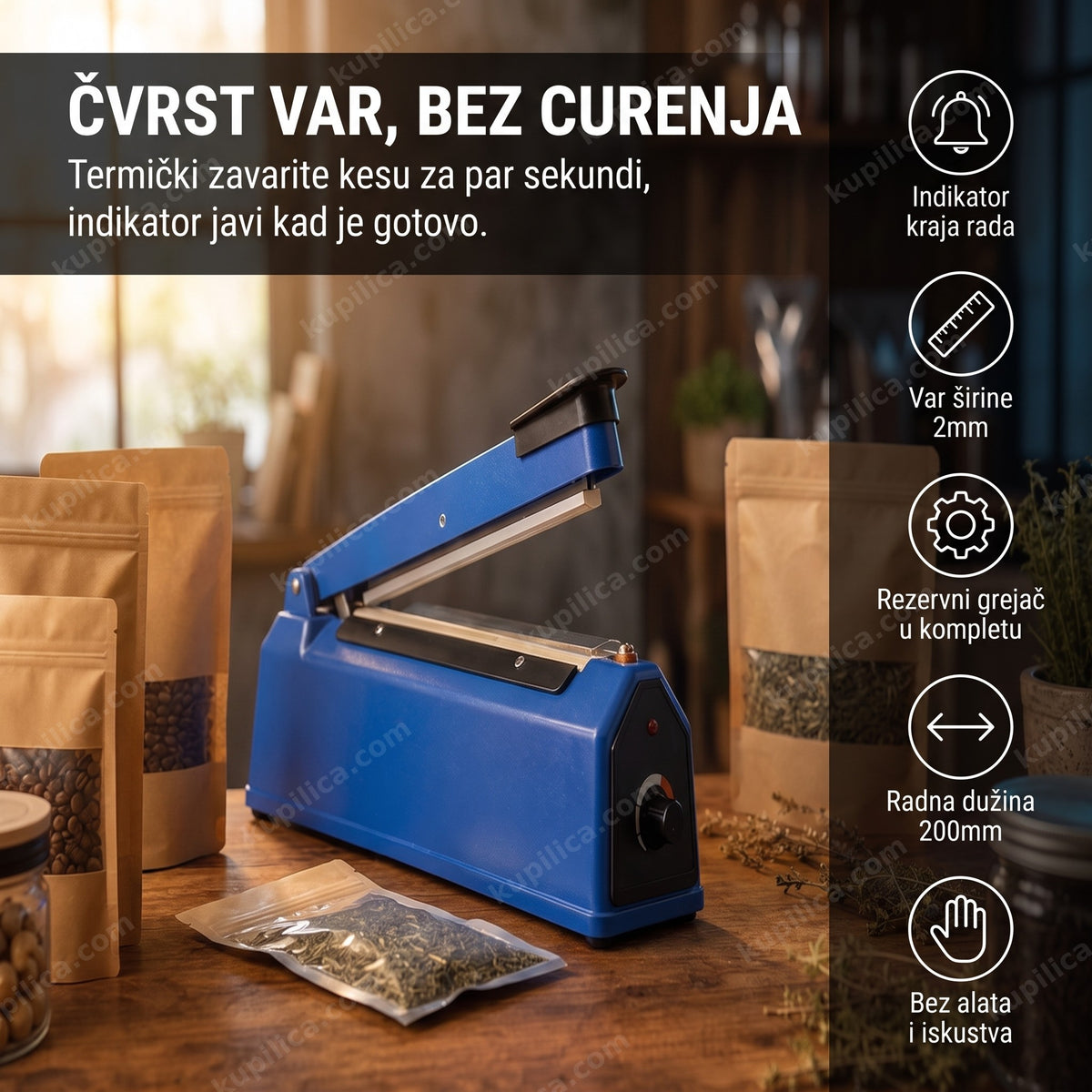 varilica za plastične kese 200mm — zavaren rub providne kese na kuhinjskom stolu