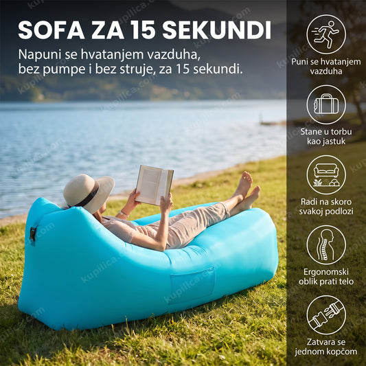 vazdušna sofa na naduvavanje u turkiznoj boji na travi pored jezera, benefiti proizvoda