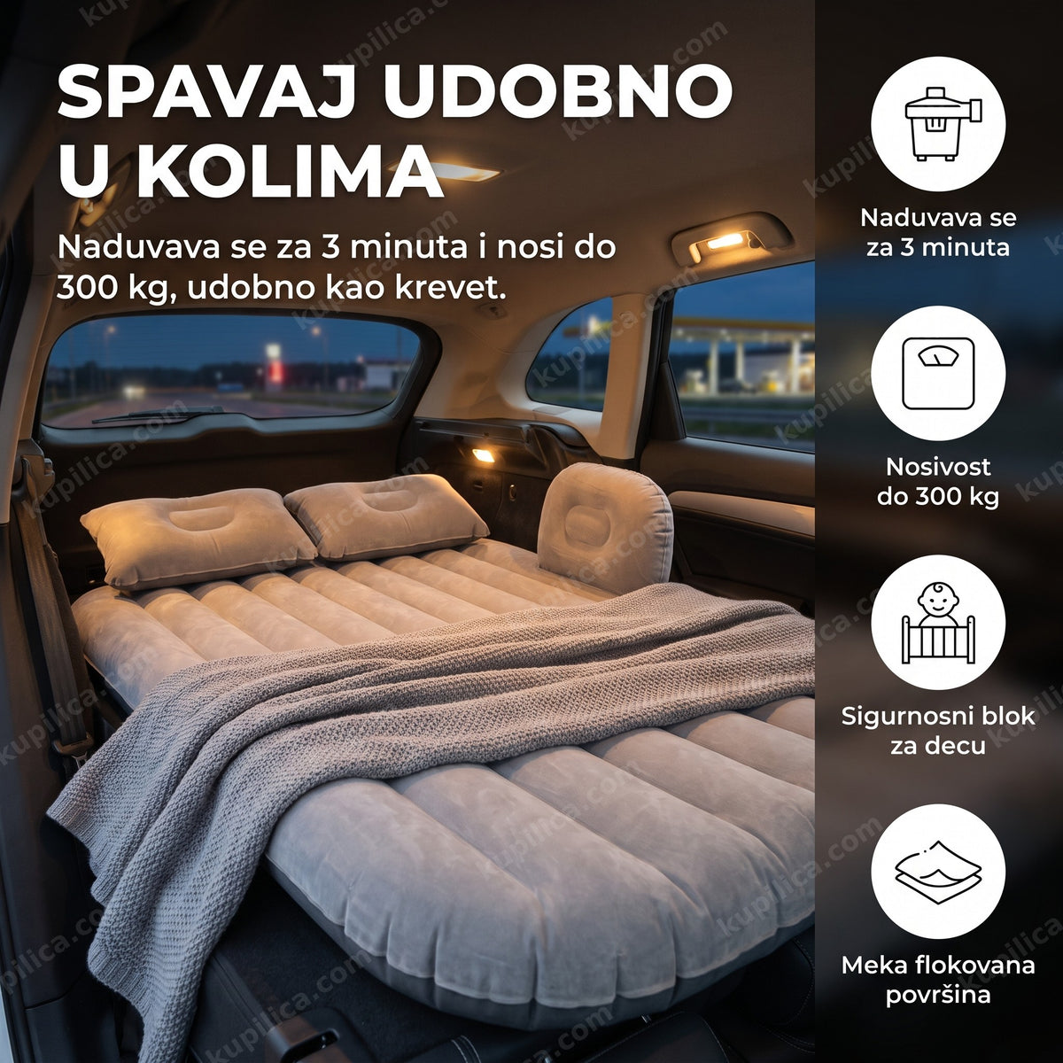 vazdušni dušek za spavanje u kolima naduvan u zadnjem delu automobila noću — benefiti proizvoda