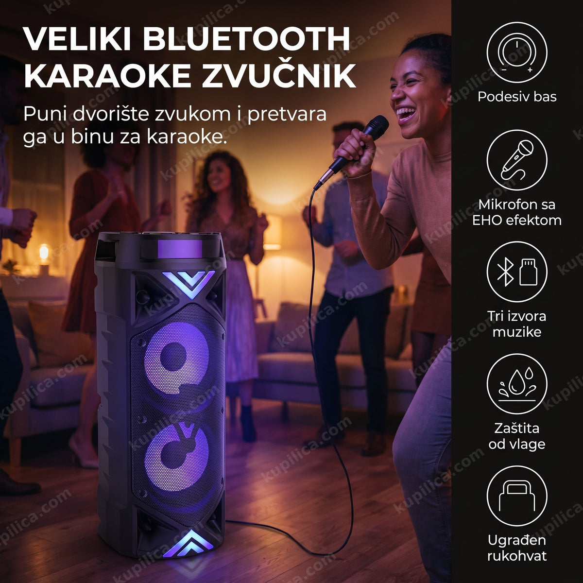 Veliki bluetooth karaoke zvučnik sa mikrofonom na kućnoj žurki, benefiti proizvoda