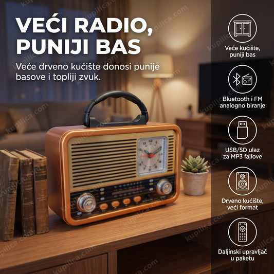 veliki retro radio bluetooth pored TV komode, benefiti proizvoda