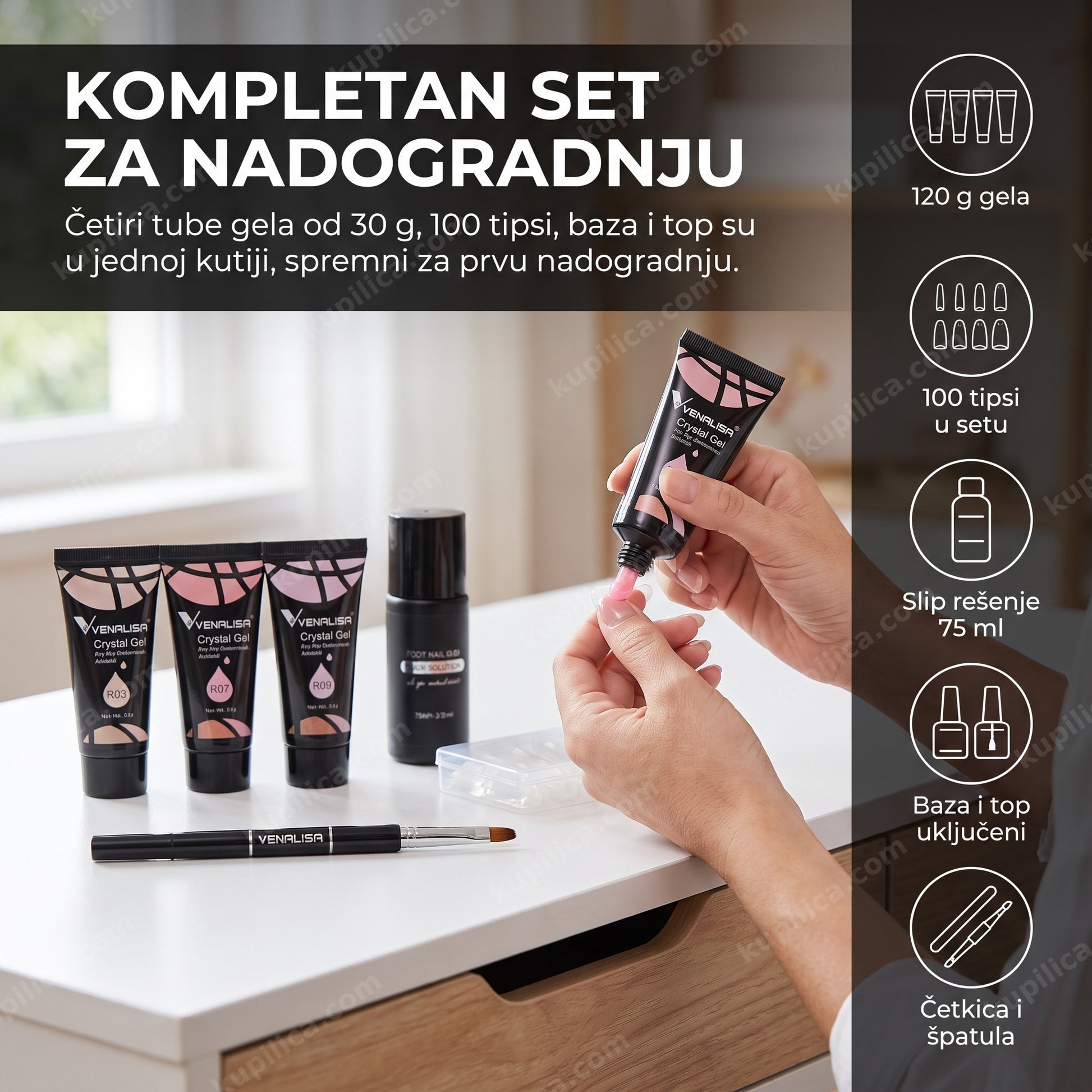 Manikirka radi nadogradnju noktiju Venalisa Crystal Gel setom sa tipsima i UV lampom