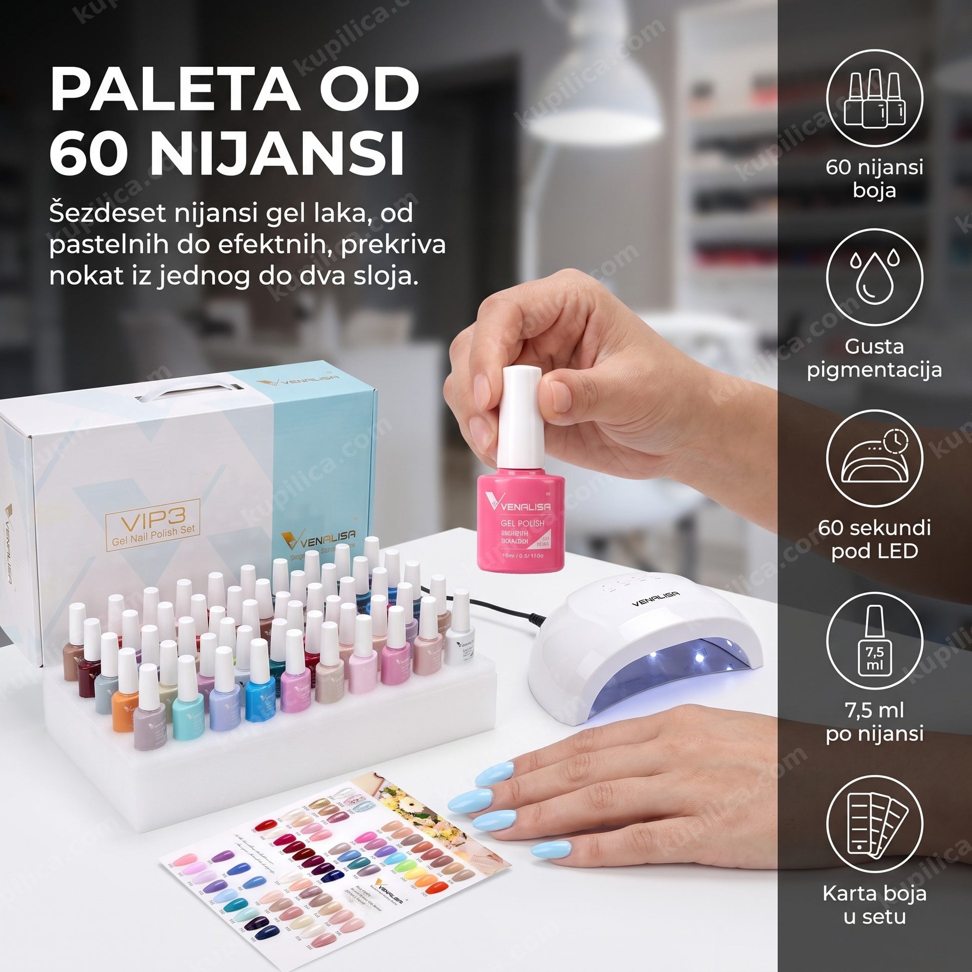 Manikirka bira nijansu iz Venalisa VIP3 seta od 60 gel lakova tokom manikira