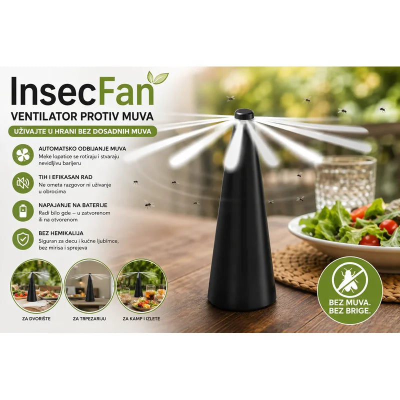 InsecFan ventilator protiv muva sa opisom funkcija i simbolom bez muva