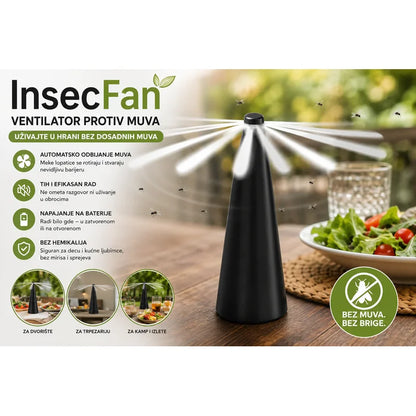 InsecFan ventilator protiv muva sa opisom funkcija i simbolom bez muva
