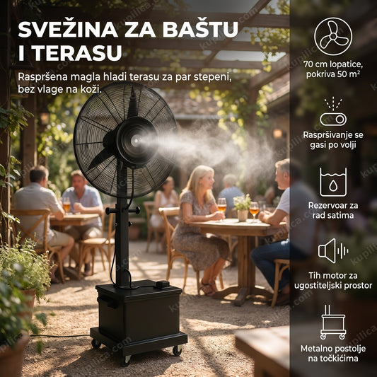 ventilator sa raspršivačem vode na terasi kafića, benefiti proizvoda