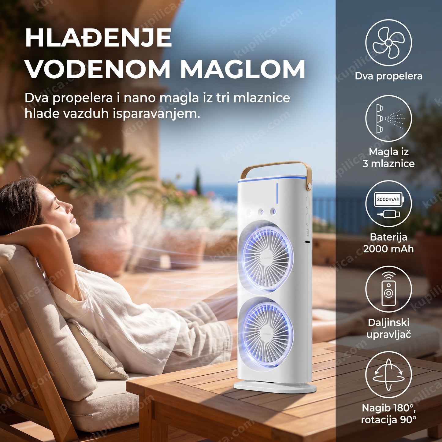 Prenosni ventilator sa vodenom maglom, dupli propeler i daljinski upravljač