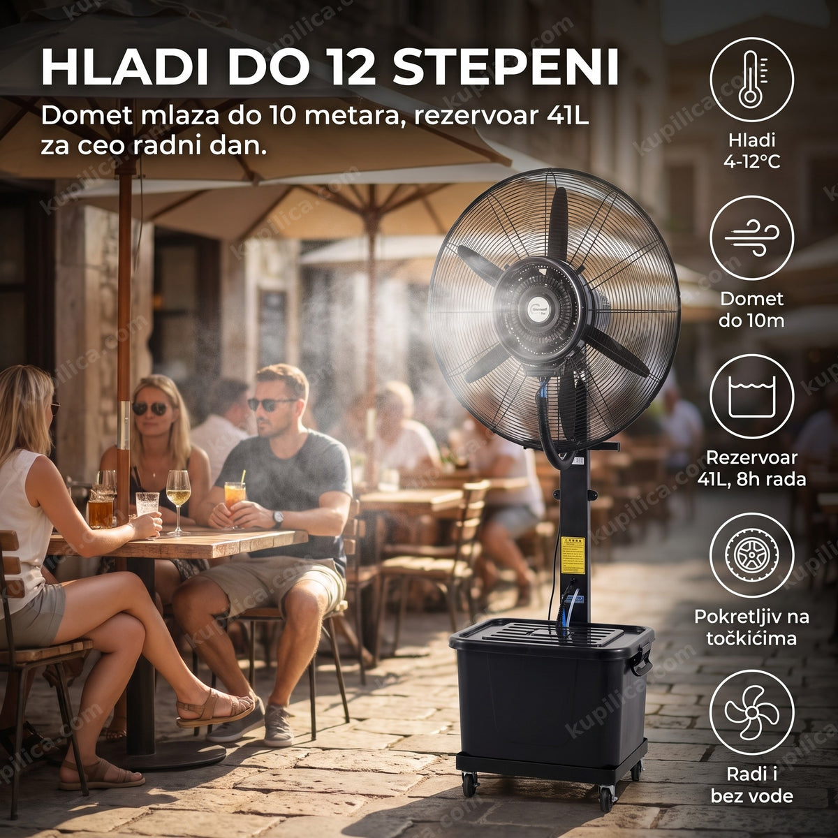 profesionalni ventilator sa vodenom maglom na terasi kafića, benefiti proizvoda