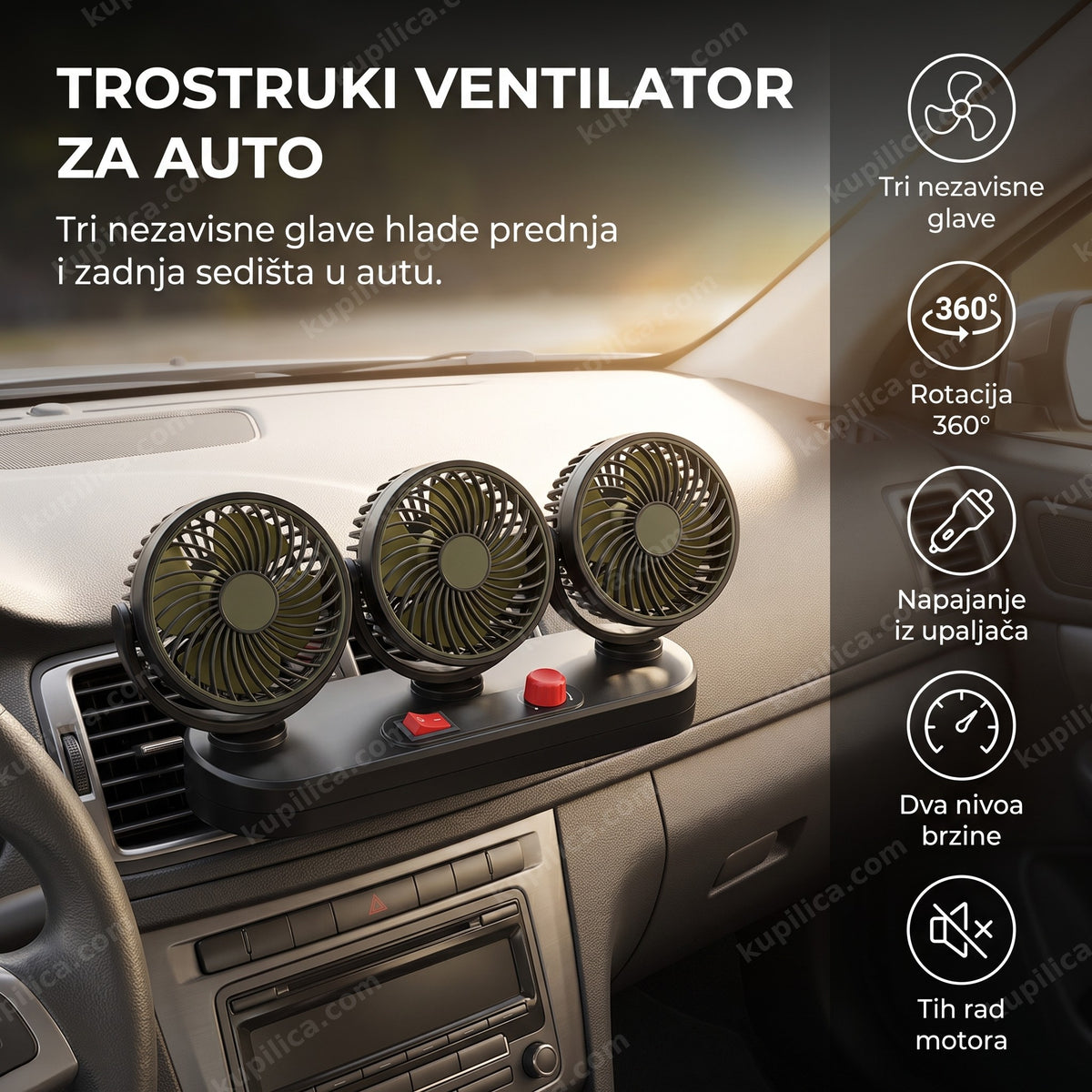 Ventilator za auto trostruki montiran na tabli automobila, benefiti proizvoda