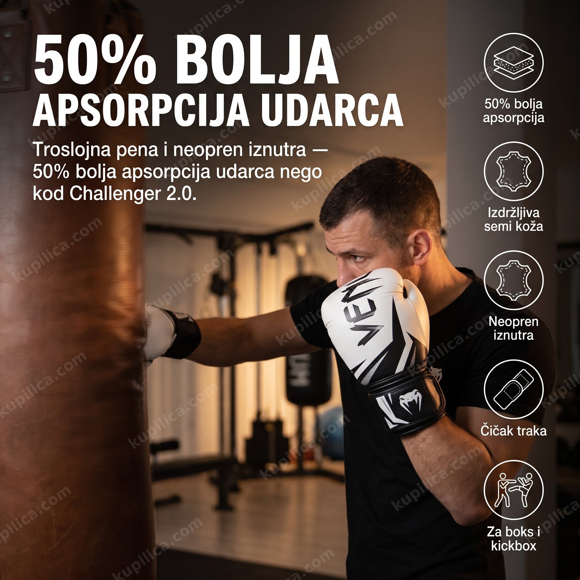 Osoba trenira na boks vreći u belo-crnim Venum Challenger 3.0 rukavicama