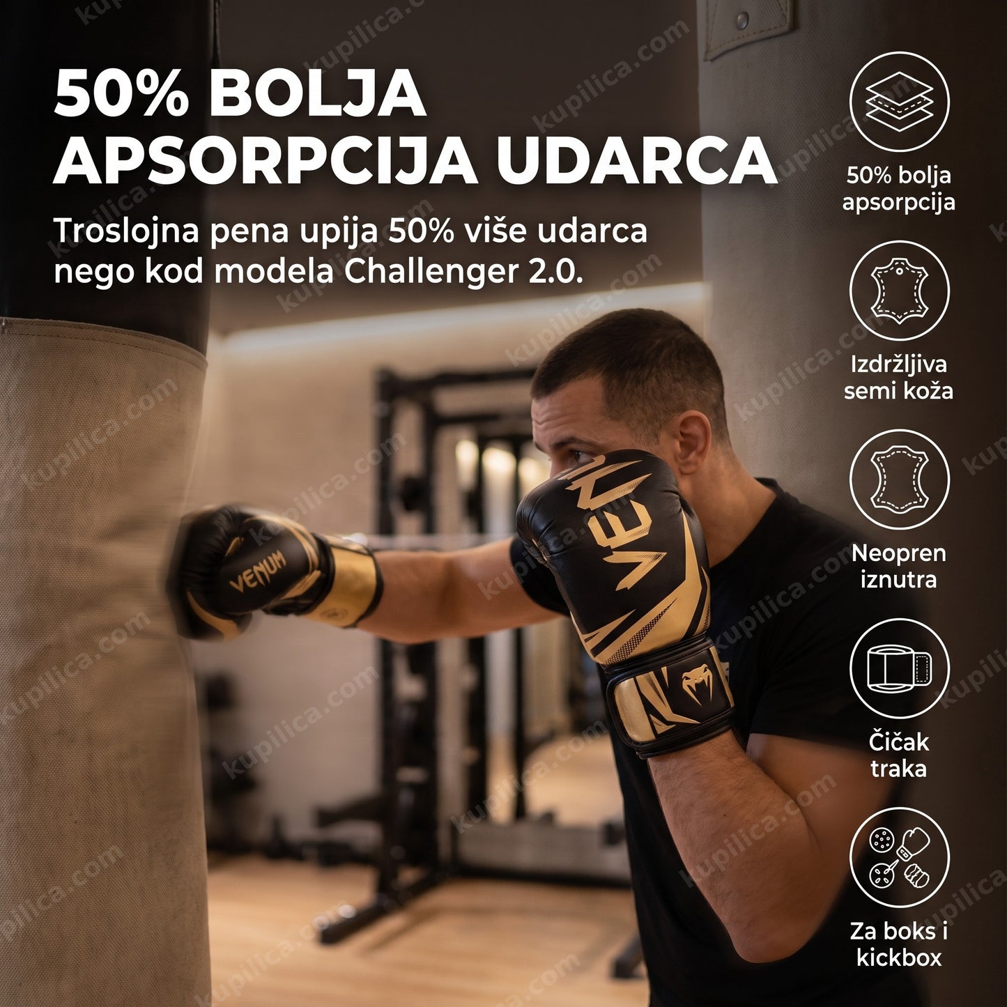 Osoba trenira na boks vreći u Venum Challenger 3.0 rukavicama u crno-zlatnoj boji